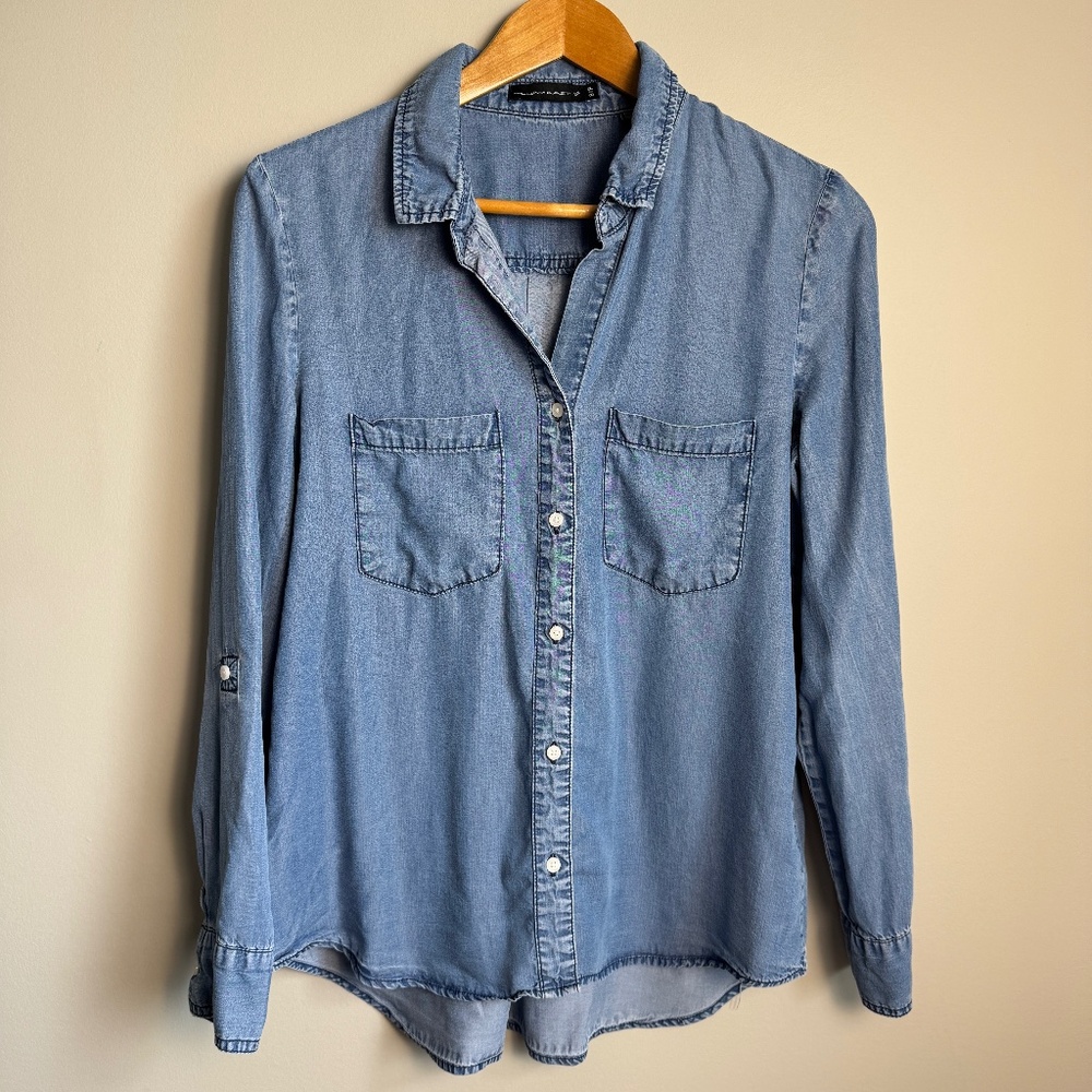 William Rast Women's Lyocell Chambray Button Up Shirt Blue S Cowgirl Festival‎